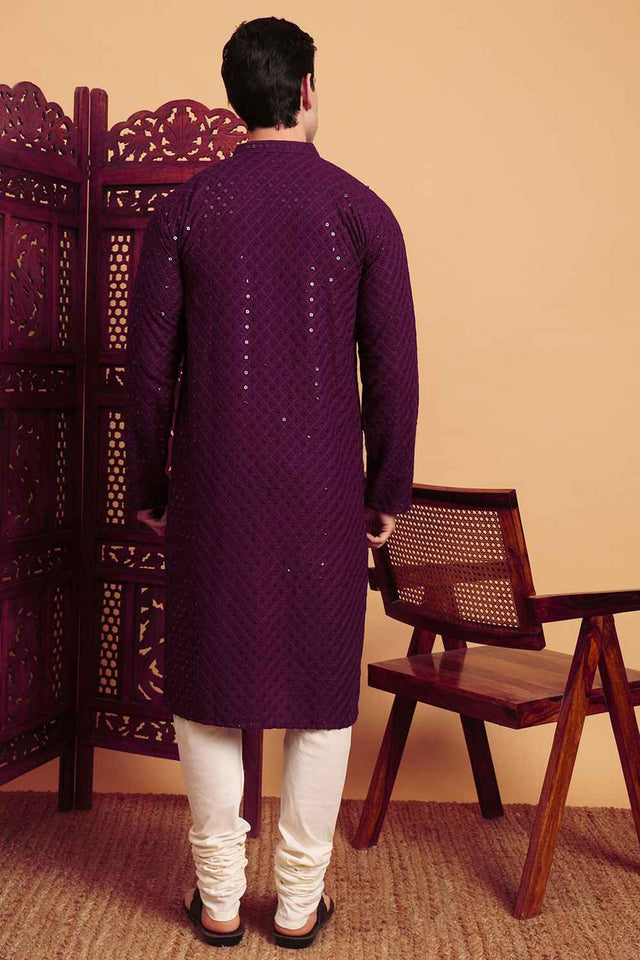 Violet Chikankari Rayon Men's Kurta Sets