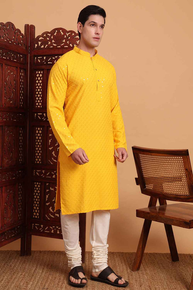 Yellow Chikankari Rayon Men's Kurta Sets
