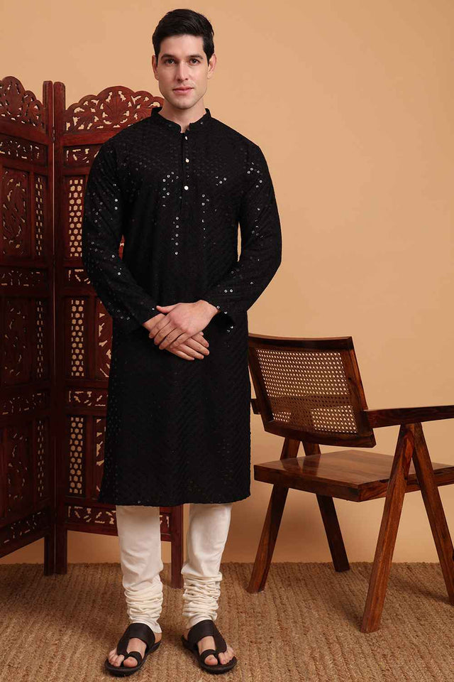 Black Chikankari Rayon Men's Kurta Sets