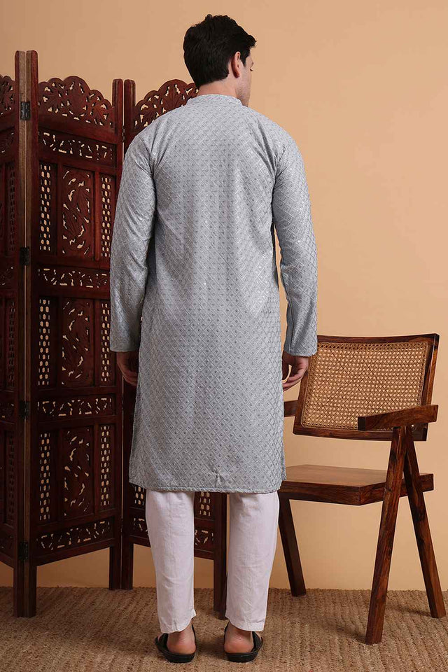 Grey Chikankari Rayon Men's Kurta Sets
