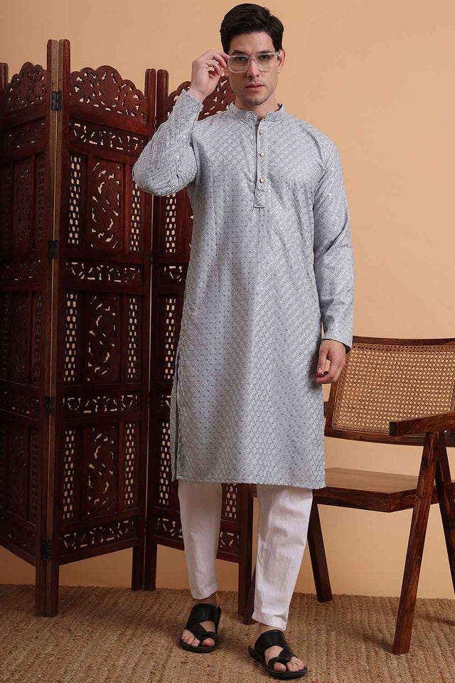 Grey Chikankari Rayon Men's Kurta Sets