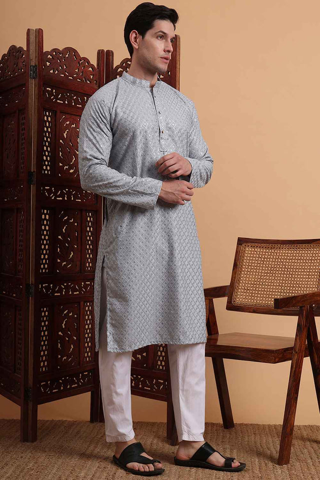 Grey Chikankari Rayon Men's Kurta Sets