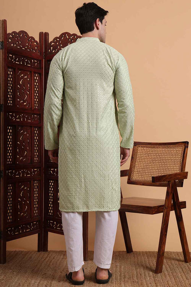 Green Chikankari Rayon Men's Kurta Sets
