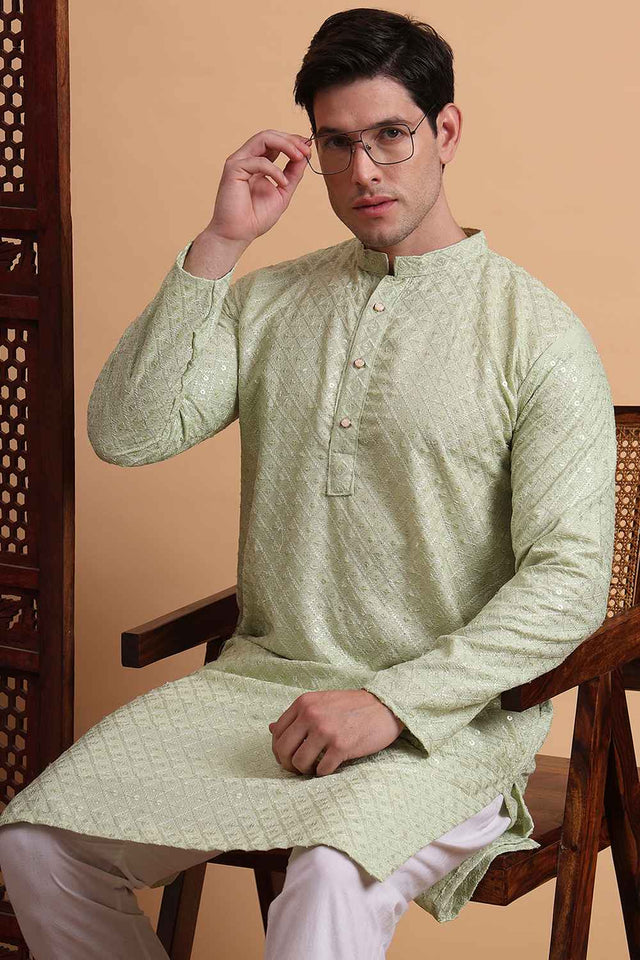 Green Chikankari Rayon Men's Kurta Sets