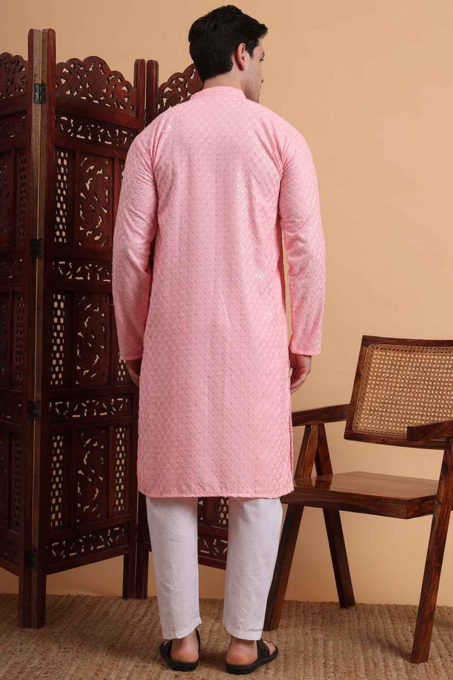 Pink Chikankari Rayon Men's Kurta Sets