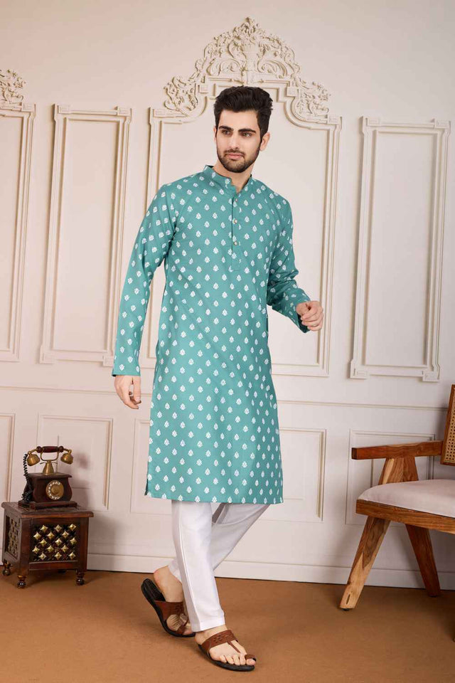 Sea Green Printed Cotton Men's Kurta Sets
