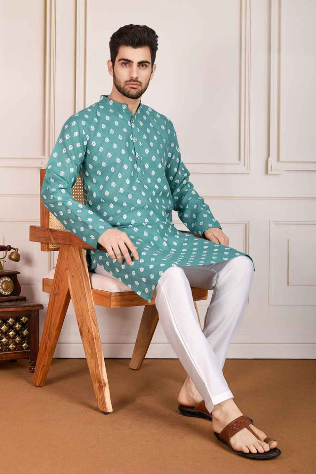 Sea Green Printed Cotton Men's Kurta Sets