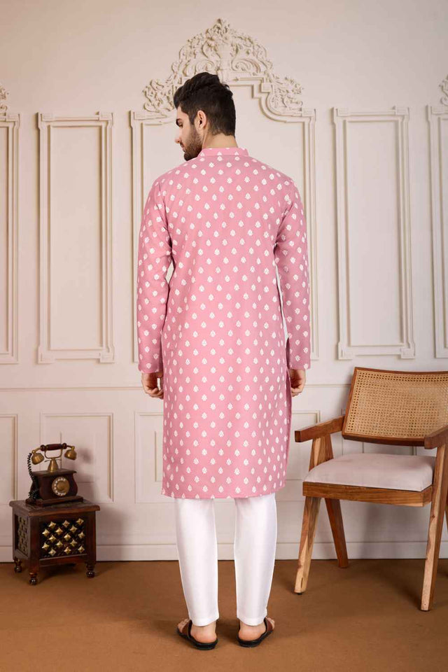 Pink Printed Cotton Men's Kurta Sets