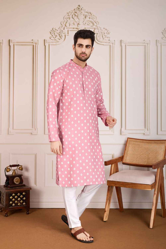 Pink Printed Cotton Men's Kurta Sets