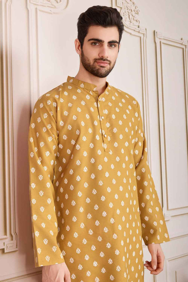 Brown Printed Cotton Men's Kurta Sets