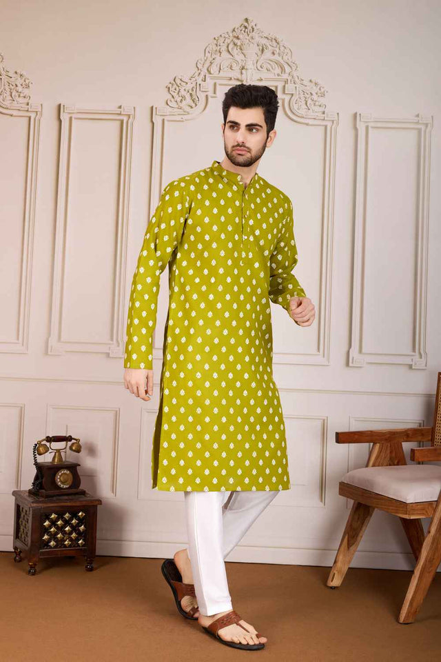 Olive Green Printed Cotton Men's Kurta Sets