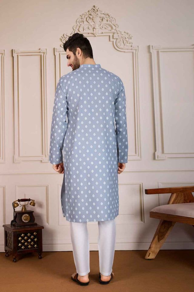 Grey Printed Cotton Men's Kurta Sets