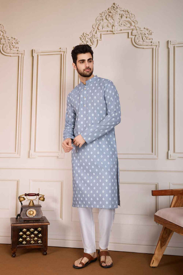 Grey Printed Cotton Men's Kurta Sets