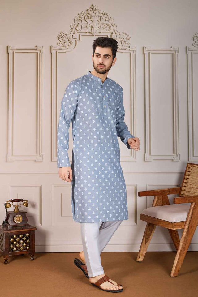 Grey Printed Cotton Men's Kurta Sets