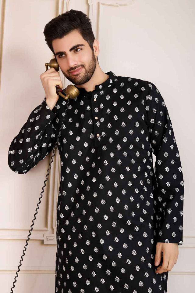 Black Printed Cotton Men's Kurta Sets