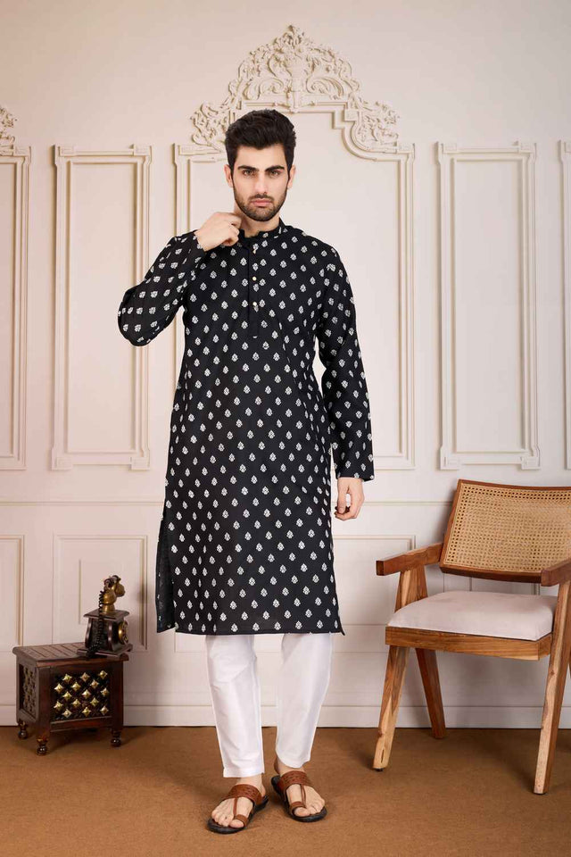 Black Printed Cotton Men's Kurta Sets
