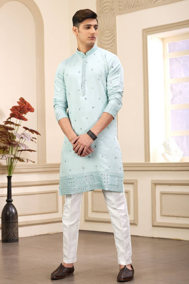 Pista Embroidered Art Silk Men's Kurta Sets