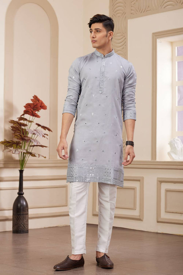 Grey Embroidered Art Silk Men's Kurta Sets