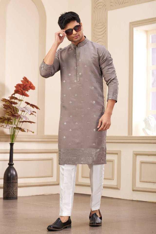 Brown Embroidered Art Silk Men's Kurta Sets