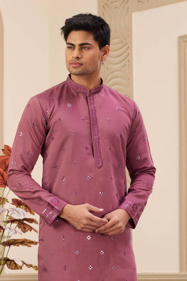 Burgundy Embroidered Art Silk Men's Kurta Sets