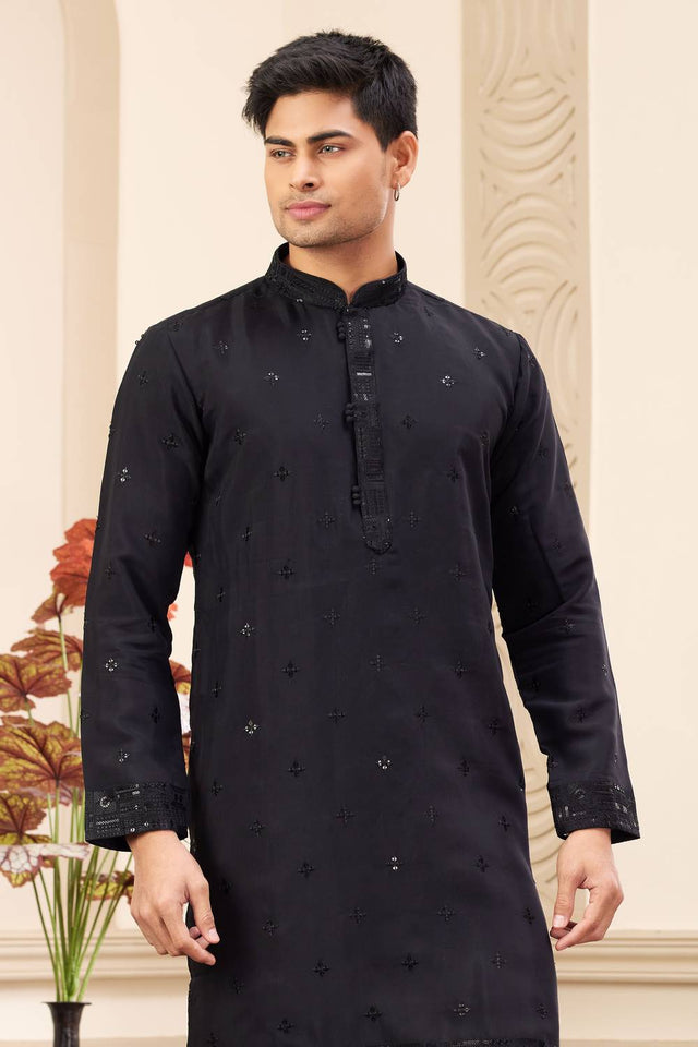 Black Embroidered Art Silk Men's Kurta Sets