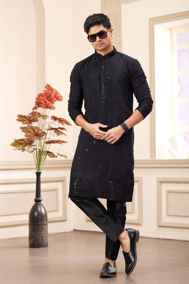 Black Embroidered Art Silk Men's Kurta Sets