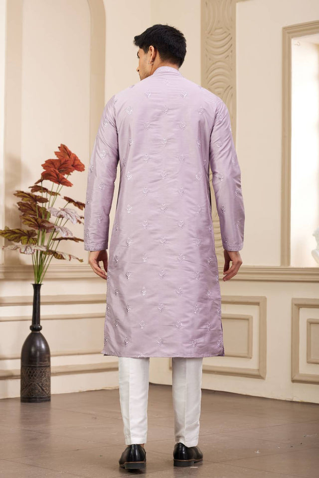 Purple Embroidered Art Silk Men's Kurta Sets