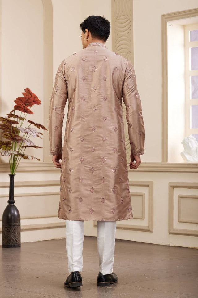 Brown Embroidered Art Silk Men's Kurta Sets