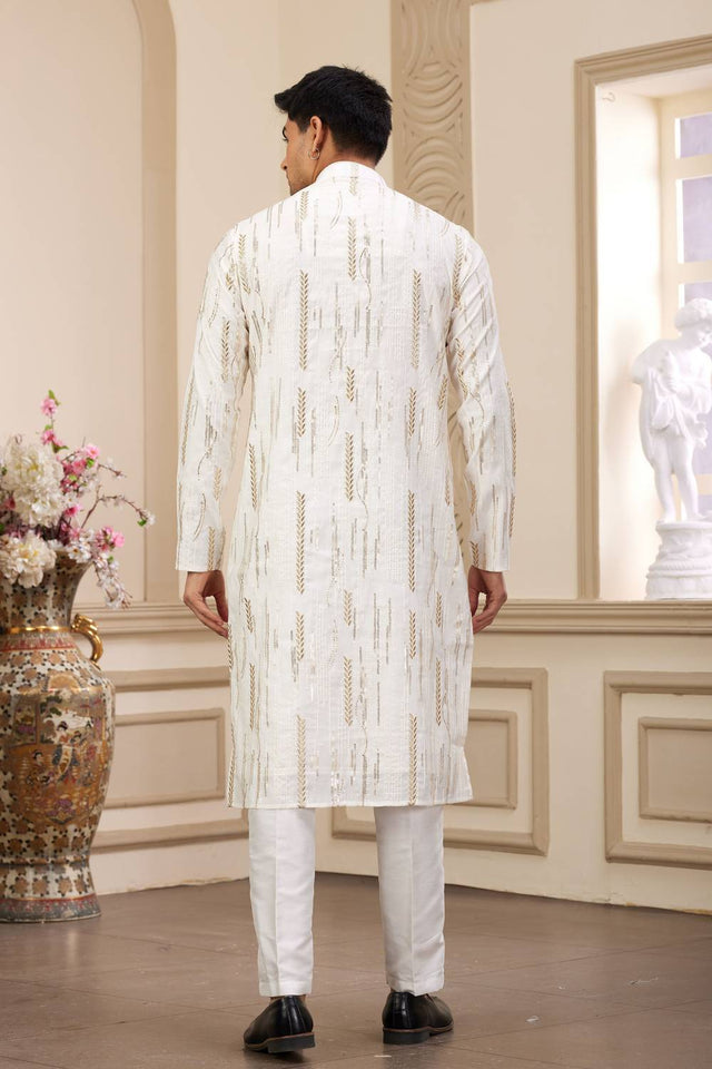 Cream Embroidered Art Silk Men's Kurta Sets