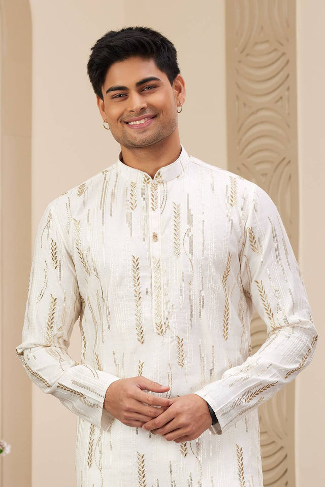 Cream Embroidered Art Silk Men's Kurta Sets