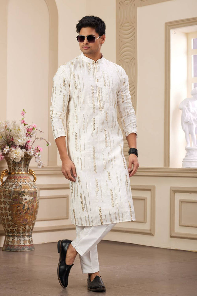 Cream Embroidered Art Silk Men's Kurta Sets