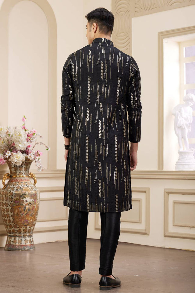 Black Embroidered Art Silk Men's Kurta Sets