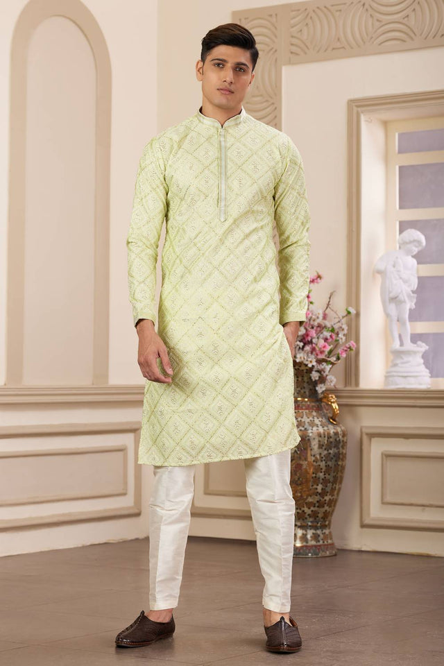 Pista Embroidered Art Silk Men's Kurta Sets