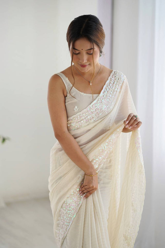 Cream Printed Georgette Saree