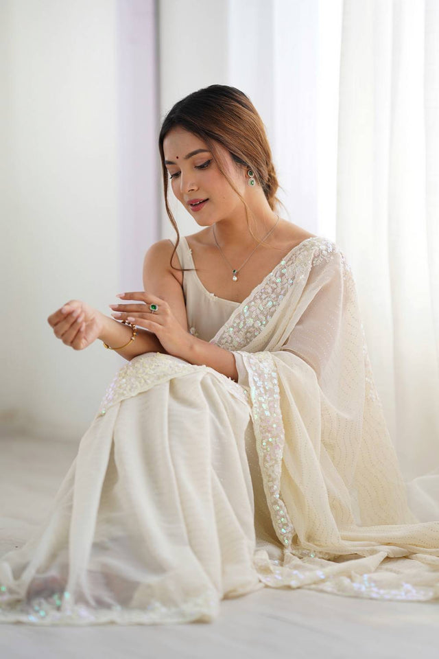 Cream Printed Georgette Saree