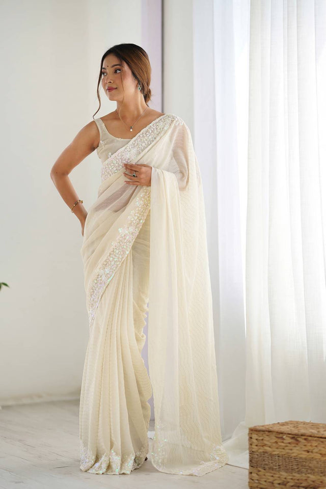 Cream Printed Georgette Saree