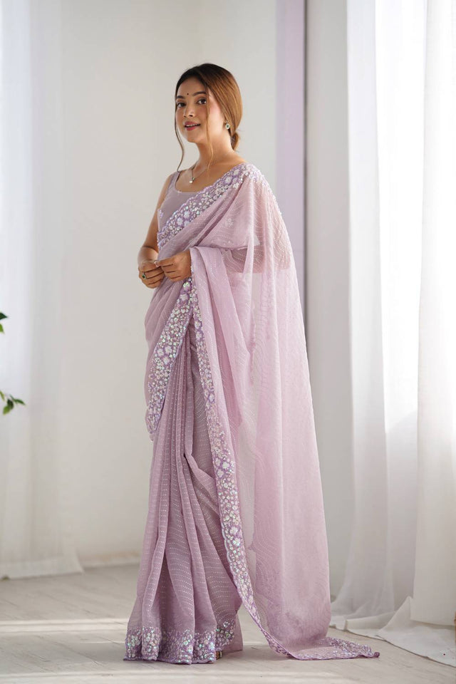 Lavender Printed Georgette Saree