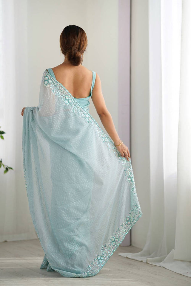 Sky Blue Printed Georgette Saree