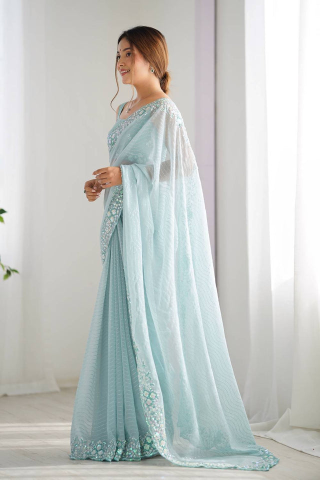 Sky Blue Printed Georgette Saree