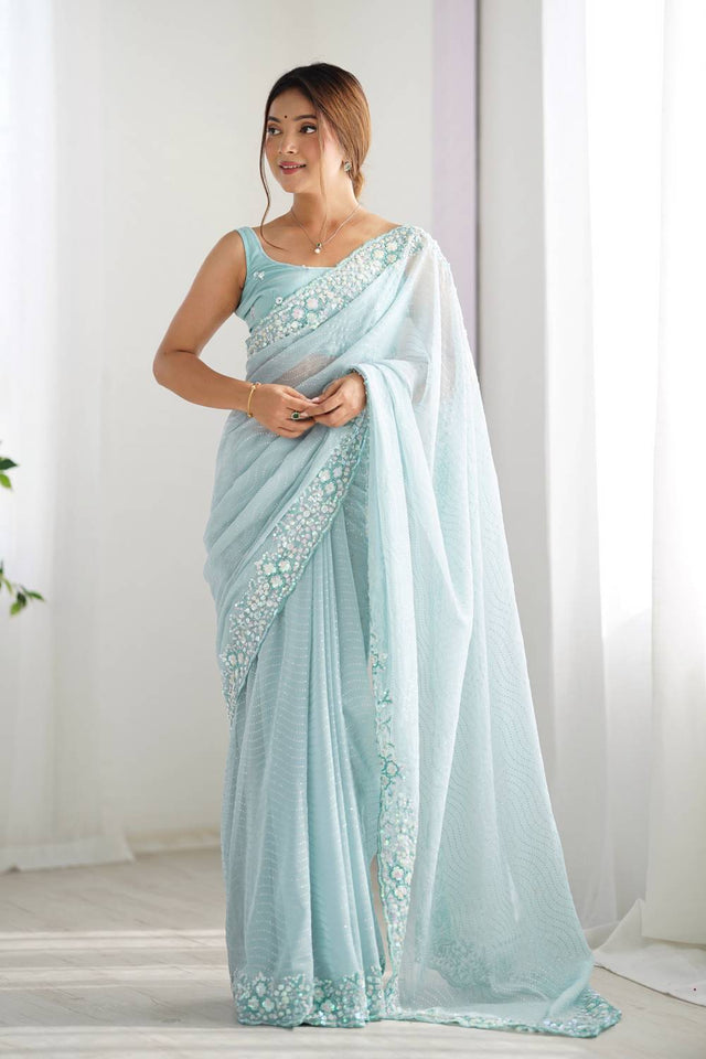 Sky Blue Printed Georgette Saree