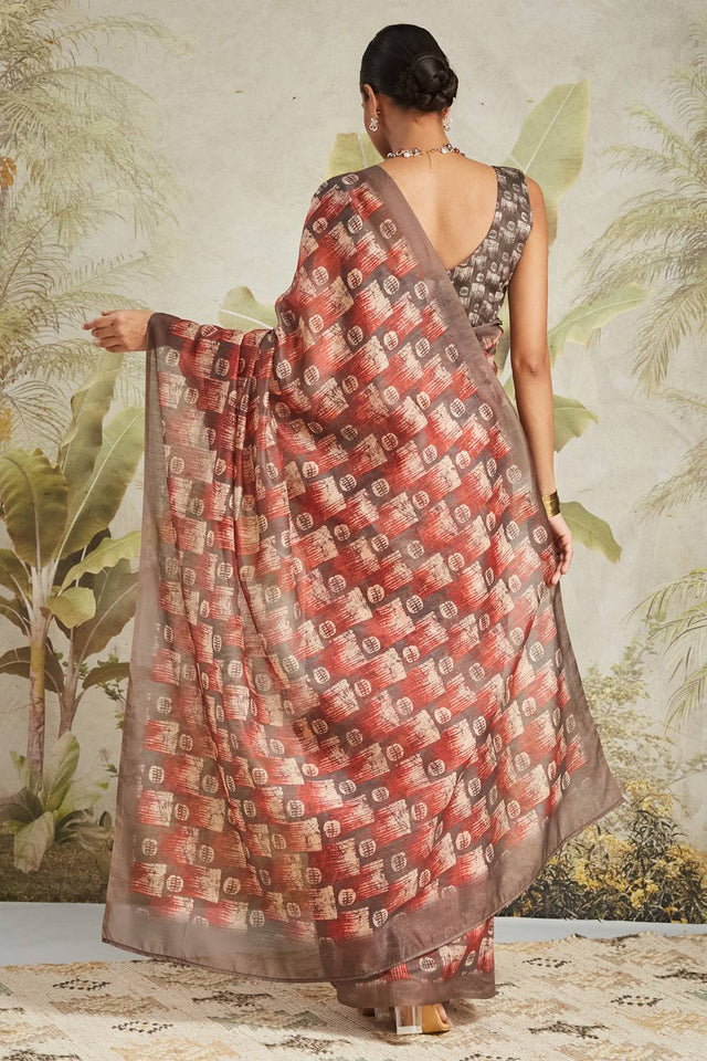 Brown Digital Printed Cotton Ready to Wear Saree
