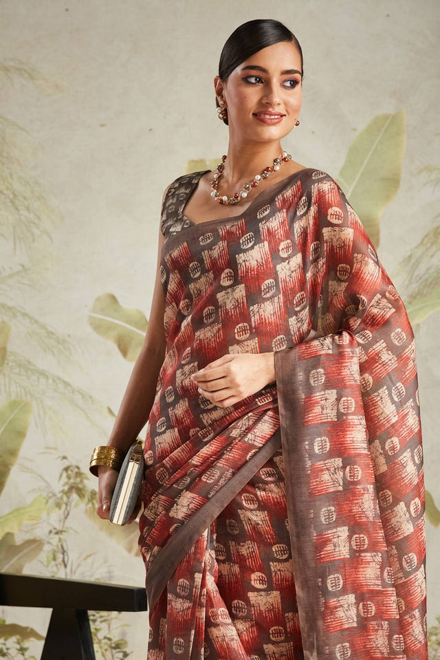Brown Digital Printed Cotton Ready to Wear Saree