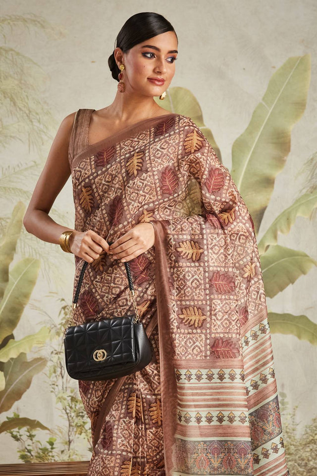 Brown Digital Printed Cotton Ready to Wear Saree