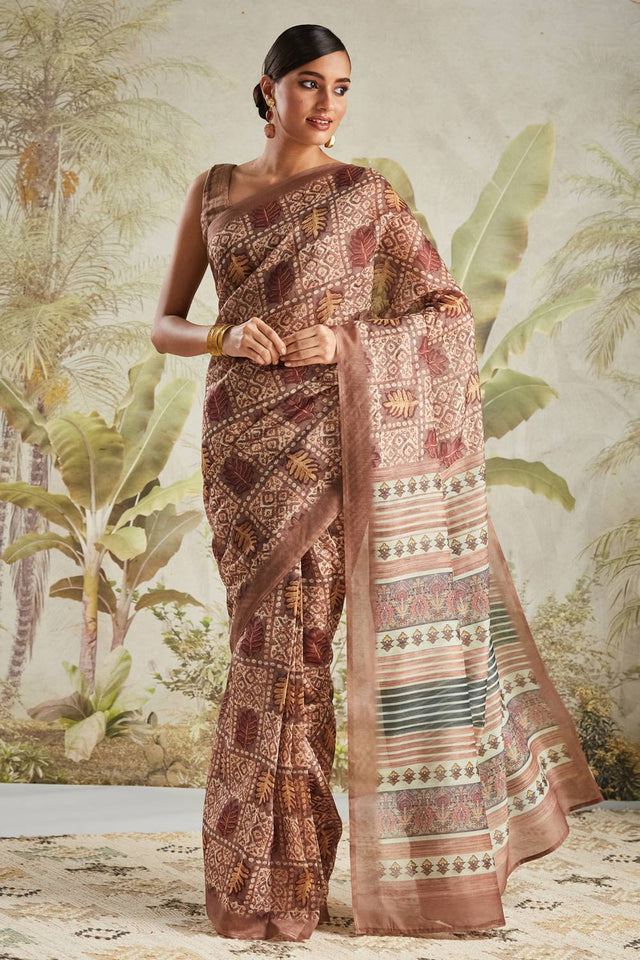 Brown Digital Printed Cotton Ready to Wear Saree