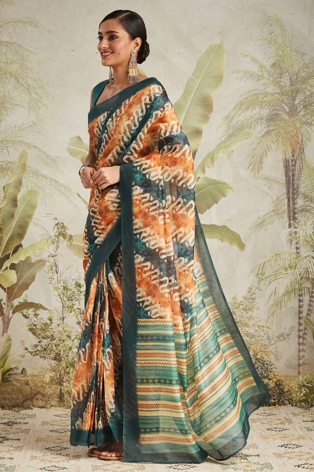 Turquoise Digital Printed Cotton Ready to Wear Saree