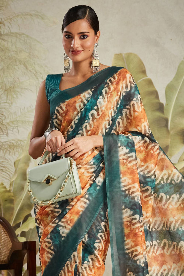 Turquoise Digital Printed Cotton Ready to Wear Saree