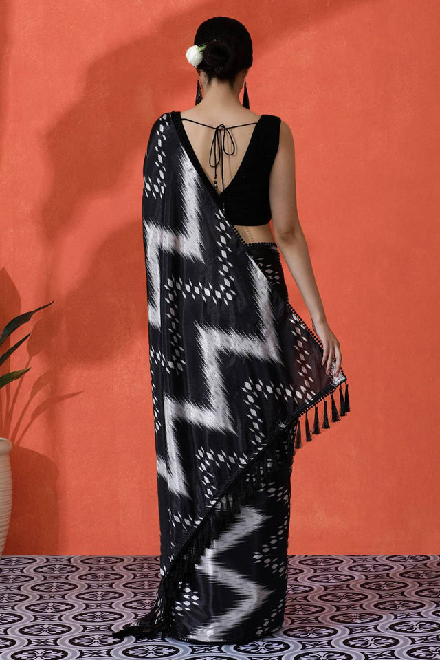 Black Printed Chinon Saree