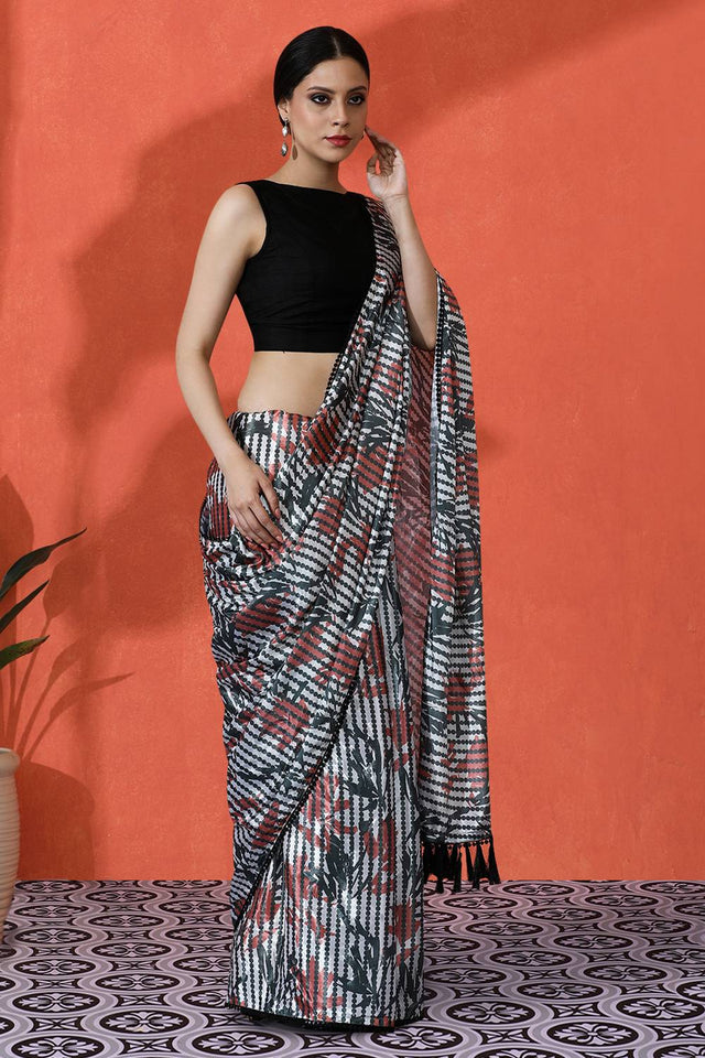 Multy Floral Printed Chinon Saree