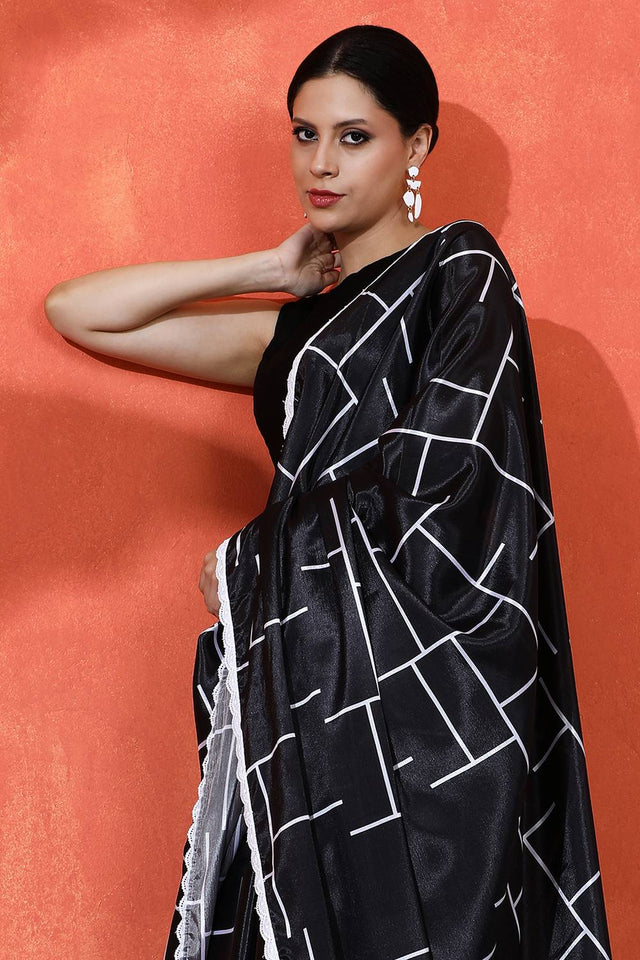 Black Printed Chinon Saree