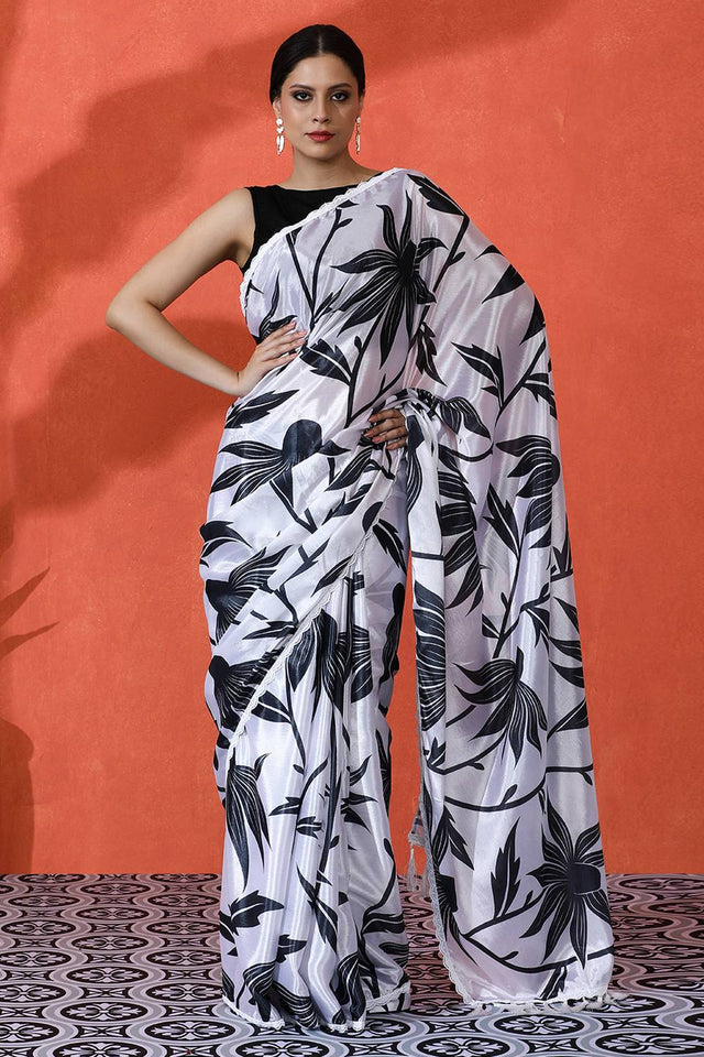 Off White Printed Chinon Saree